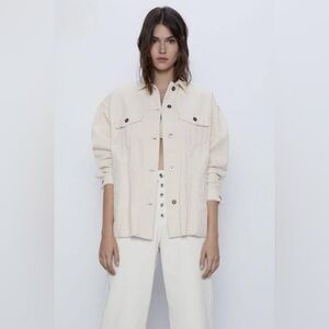 Zara Cream Corduroy Shacket Raw Hem Button Up Jacket